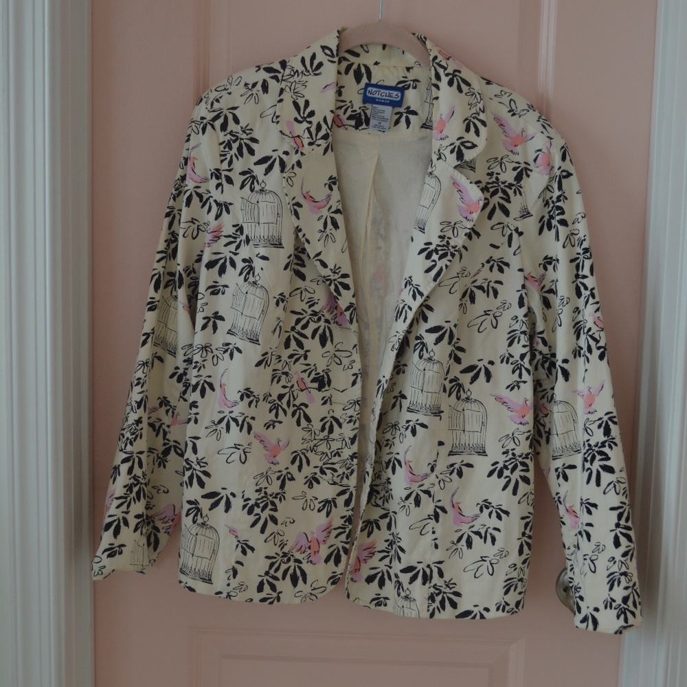 Cream Bird Print Blazer with Shoulder Pads